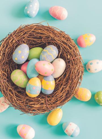 Nest with colorful Easter eggs on a light blue background.